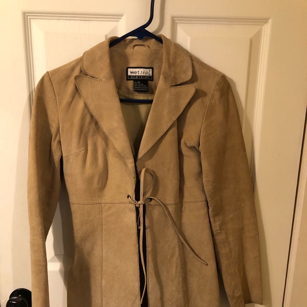 100% Leather, Fitted, Long, Taupe/Tan Jacket